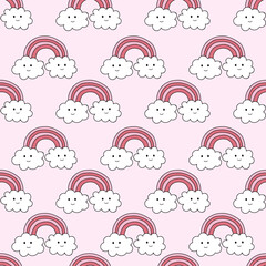 Seamless pattern of pink rainbows in doodle style for Valentine's Day. Cute background for textile, and web design in pastel colors.
Kids hand-drawn seamless pattern with pink pastel rainbows.