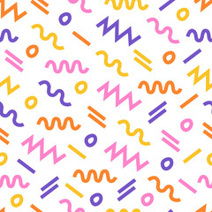 Fun and colorful seamless pattern. Abstract art background in Memphis style. Wavy and swirled strokes. Curved lines. Simple and childish scribble pattern. Design for gift cards, holidays, and web.