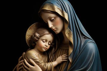 Holy Mary holding baby Jesus Christ in her arms. Ai generative