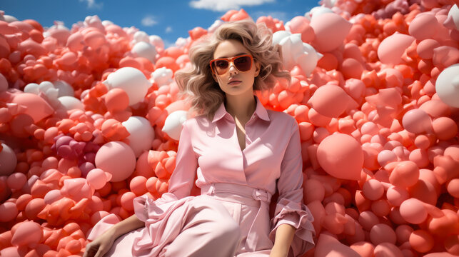 Surealistic Fashion Photography, Model On A Pastel Field Of Objects