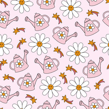 Garden pink pattern for children with flowers and stars.Pink background for kids.  Design for gift cards, and holidays. For girls. 1970s. Hippie Retro Style. Vector illustration.