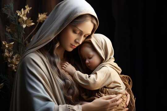 Holy Mary holding baby Jesus Christ in her arms. Ai generative