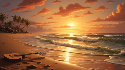 a sun-drenched beach scene with a lone guitar resting on golden sands, its strings reflecting the brilliance of the setting sun