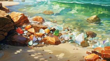 a sun-drenched beach with a collection of polished, colorful stones scattered along the shoreline, glistening in the golden sunlight