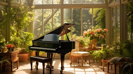 a sunlit conservatory with a baby grand piano surrounded by lush greenery, creating a harmonious connection between music and nature