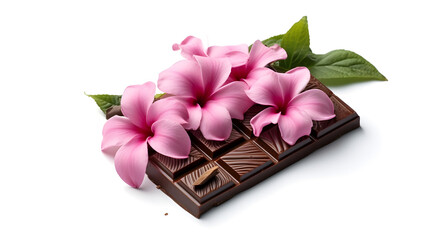 There are pink tropical flowers on a chocolate bar with leaves that are set off against a white background. - obrazy, fototapety, plakaty