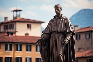 Niccolo Machiavelli statue middle of a city. Italian author and thinker - Powered by Adobe