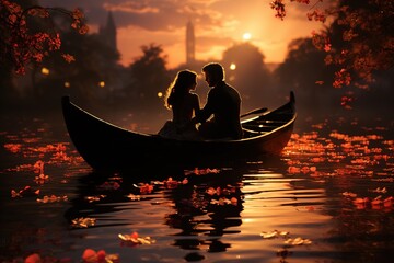 A couple in love on a romantic date. The glow around the wooden boat. Ai generative