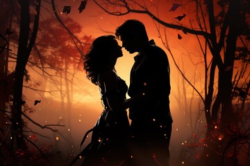 Silhouette of a couple sharing a kiss against a misty background. Ai generative - obrazy, fototapety, plakaty