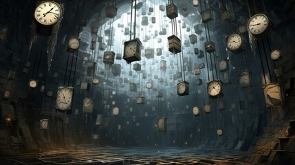 a surreal dreamscape with an abstract arrangement of fragmented clocks, each one frozen in time, suspended in a weightless void - obrazy, fototapety, plakaty