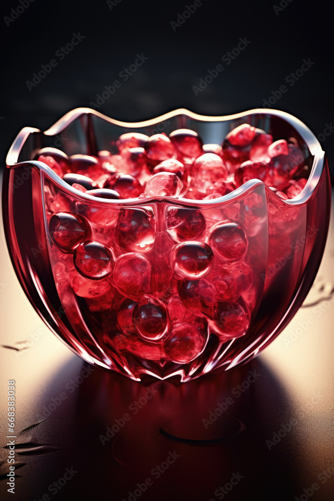 Poster A glass bowl filled with red beads sitting on top of a table. This image can be used to add a pop of color and texture to various projects