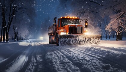 Snow plow clearing road after winter snow storm. Ai generative - obrazy, fototapety, plakaty