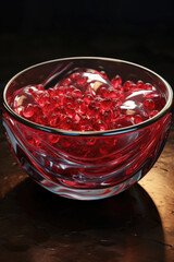 A glass bowl filled with red beads is placed on a wooden table. This image can be used for various creative projects and crafts
