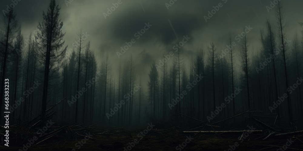 Aufkleber A picture of a dense forest filled with lots of trees under a cloudy sky. This image can be used to depict nature, landscapes, environmental conservation, or outdoor adventures