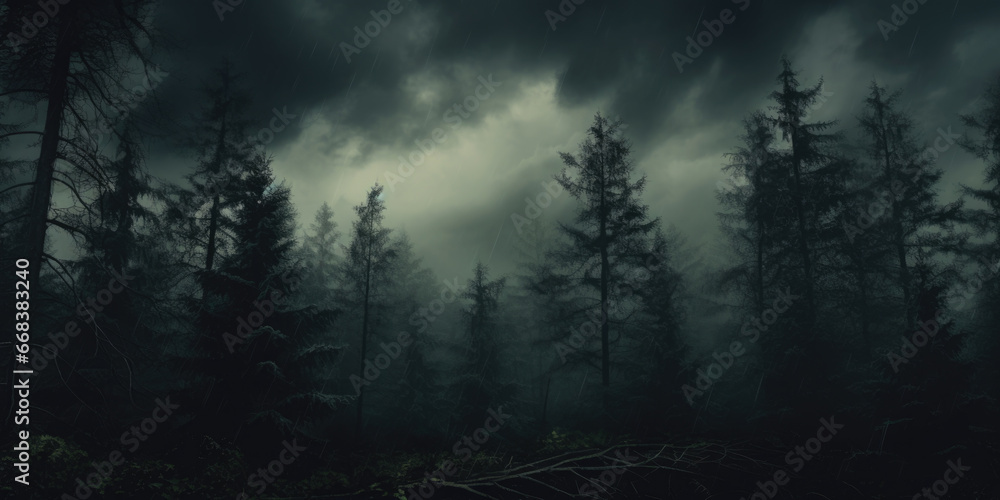 Poster a picture showcasing a dense and eerie forest filled with numerous trees. ideal for projects requiri