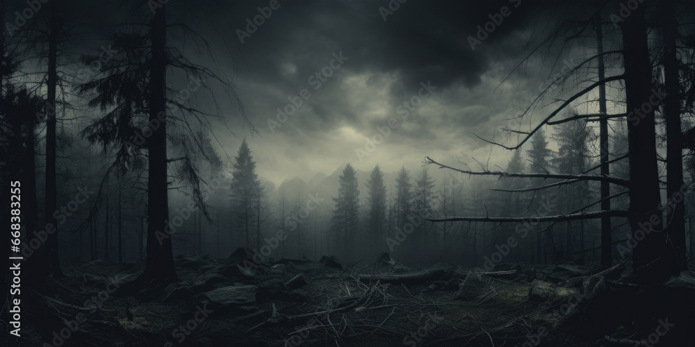 Poster A mysterious and captivating view of a dense forest with an abundance of trees. 