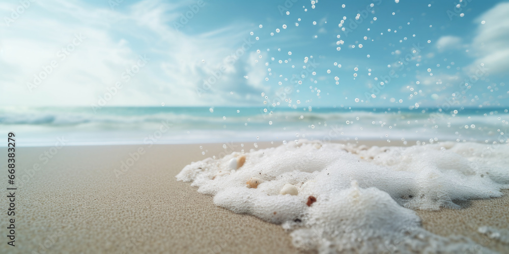 Poster a close up view of a foamy wave on a beach. perfect for capturing the beauty and power of the ocean.