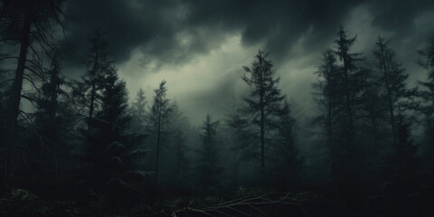 Fototapeta na wymiar A picture showcasing a dense and eerie forest filled with numerous trees. Ideal for projects requiring a mysterious and atmospheric setting