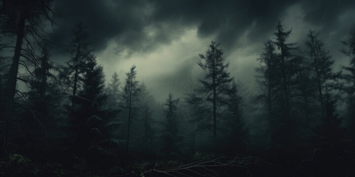 A picture showcasing a dense and eerie forest filled with numerous trees. Ideal for projects requiring a mysterious and atmospheric setting