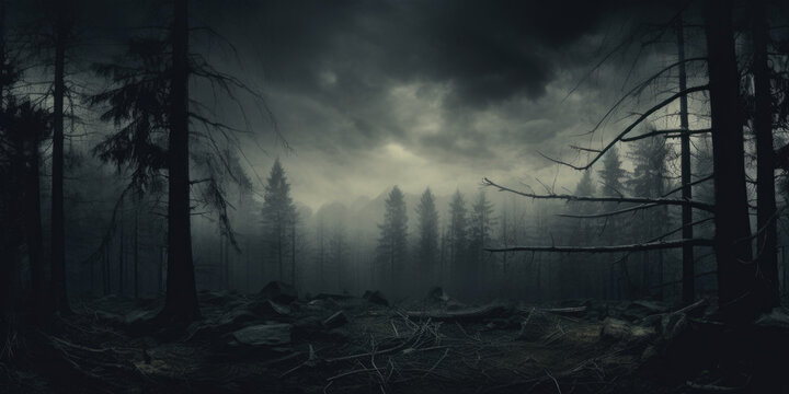 A mysterious and captivating view of a dense forest with an abundance of trees. 