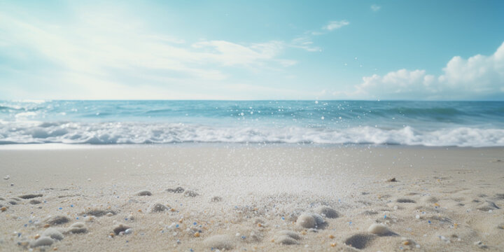 A picturesque view of the ocean from a sandy beach. This image can be used to depict a serene coastal landscape or as a background for beach-themed designs