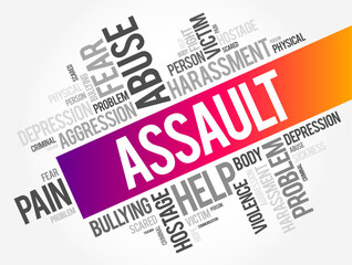 Assault - act of committing physical harm or unwanted physical contact upon a person, word cloud concept background