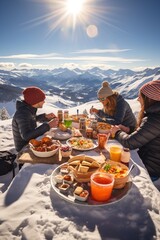 Family and friends on vacation in a ski resort in the snowy mountains,