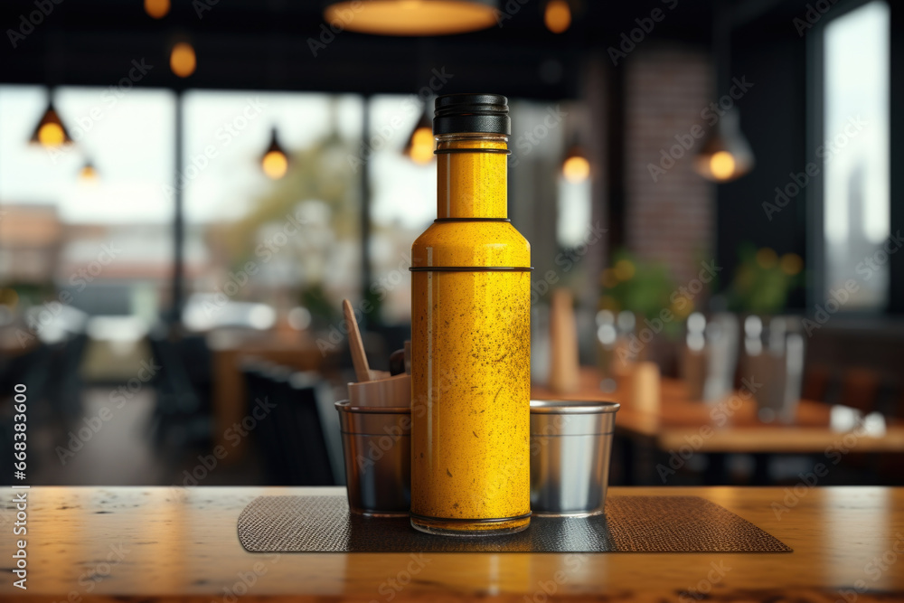 Poster a yellow bottle sitting on top of a wooden table. this versatile image can be used in various contex