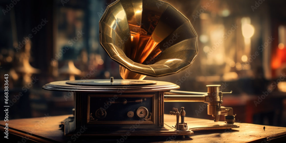 Poster an old gramophone sitting on top of a wooden table. perfect for adding a touch of nostalgia to any s