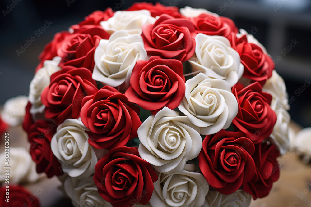 Poster A beautiful bouquet of red and white roses placed on a table. Perfect for adding a touch of elegance and romance to any setting