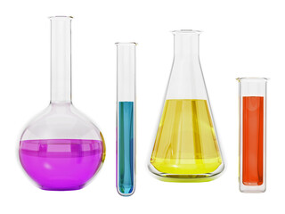 Laboratory tubes with colorful liquids isolated on transparent background. 3D illustration