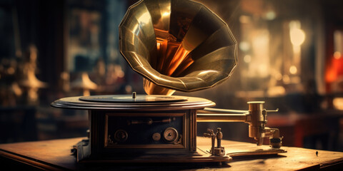 An old gramophone sitting on top of a wooden table. Perfect for adding a touch of nostalgia to any...