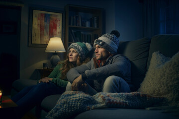 Obraz premium Couple on the sofa wearing winter clothing and watching TV. Cost of living theme.