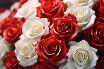 A close-up view of a beautiful bouquet of red and white roses. Perfect for expressing love and affection. Ideal for use in wedding invitations, greeting cards, or floral arrangements.