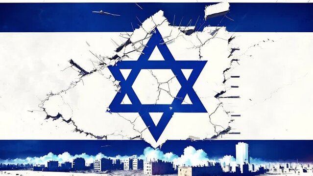 Cracked Israel flag, An animation depicting a scene of a military conflict in Israel,.  Concept of war in the Middle East.