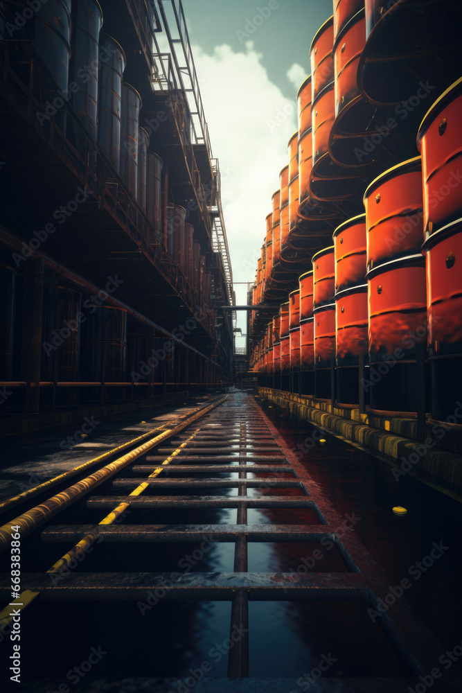 Poster a row of red barrels sitting on the side of a road. can be used to depict construction or roadwork s