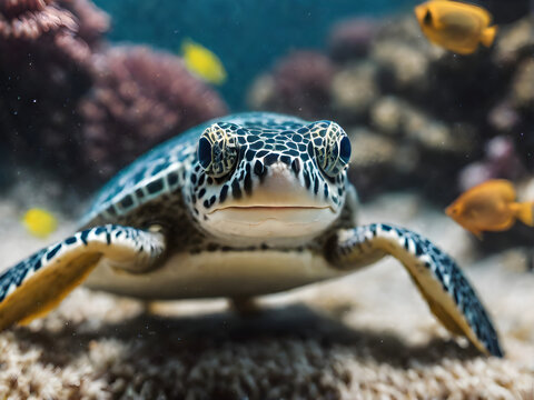 Young Turtle in the Sea: Close-up of a Tiny Sea Turtle in its Natural Habitat. generative AI