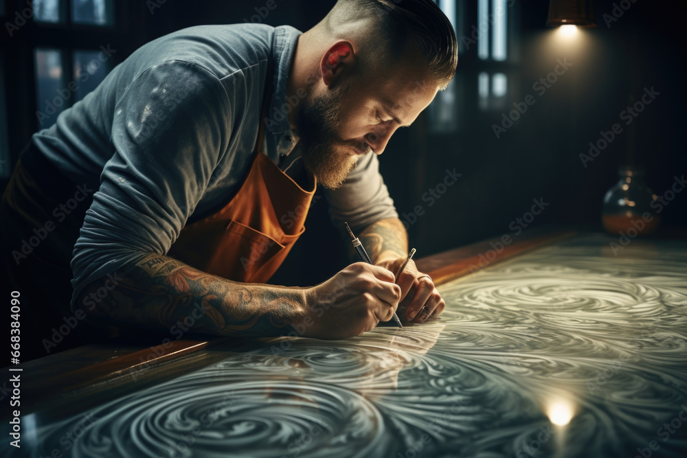 Aufkleber a man in an apron is drawing on a table. this image can be used for creative projects or in educatio