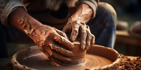 A person skillfully creating a clay pot on a potter's wheel. This image can be used to showcase the art of pottery making or for illustrating creativity and craftsmanship