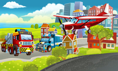 cartoon happy scene with different vehicles cars illustration