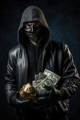 A man wearing a black hoodie holds a large stack of money in his hands. This image can be used to portray themes of wealth, finance, crime, or illegal activities