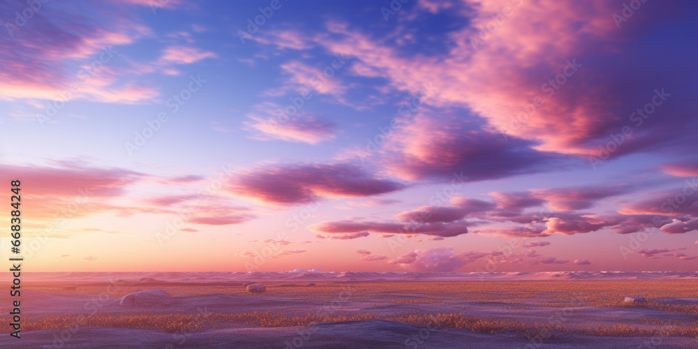 Poster a beautiful sunset casting a warm glow over a field of grass. this image can be used to depict tranq