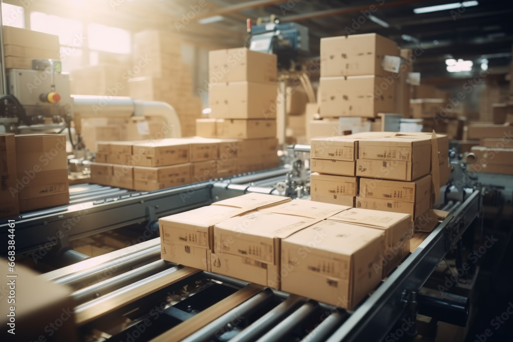 Poster boxes are seen moving on a conveyor belt in a factory. this image can be used to depict manufacturin