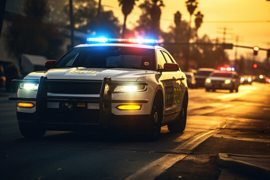 A police car is captured driving down a street at sunset. This image can be used to depict law enforcement, urban life, or crime prevention