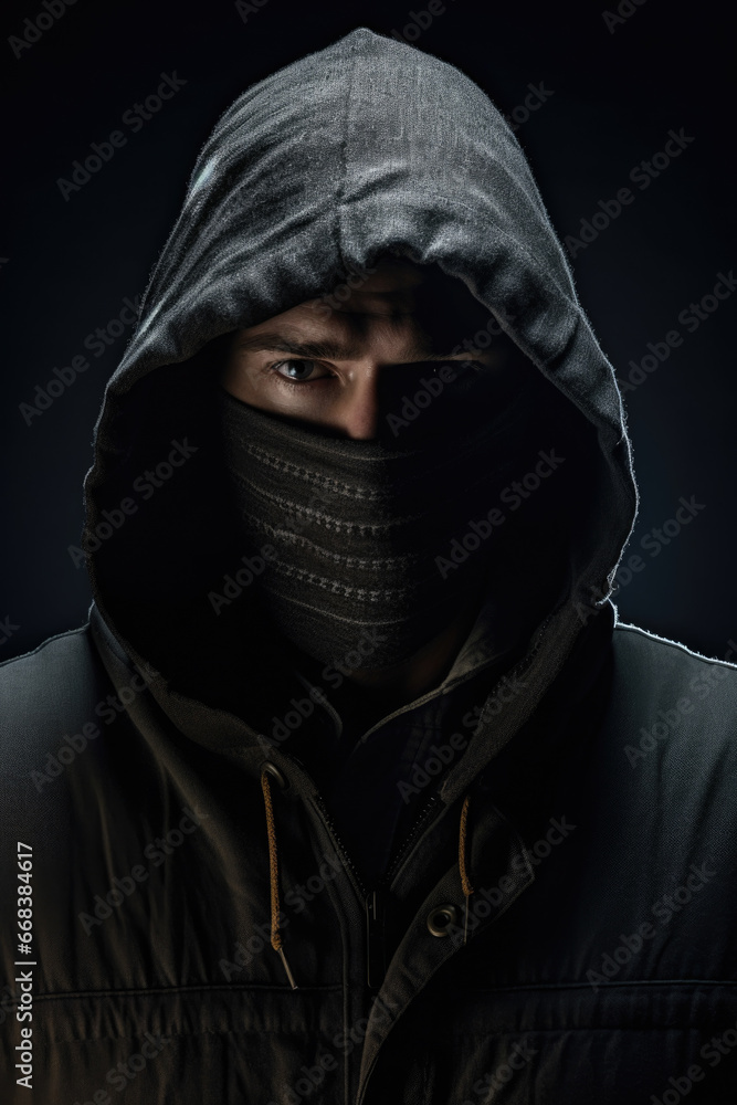 Poster A man wearing a hooded jacket with the hood pulled over his face. This image can be used to depict mystery, anonymity, or a person trying to hide their identity