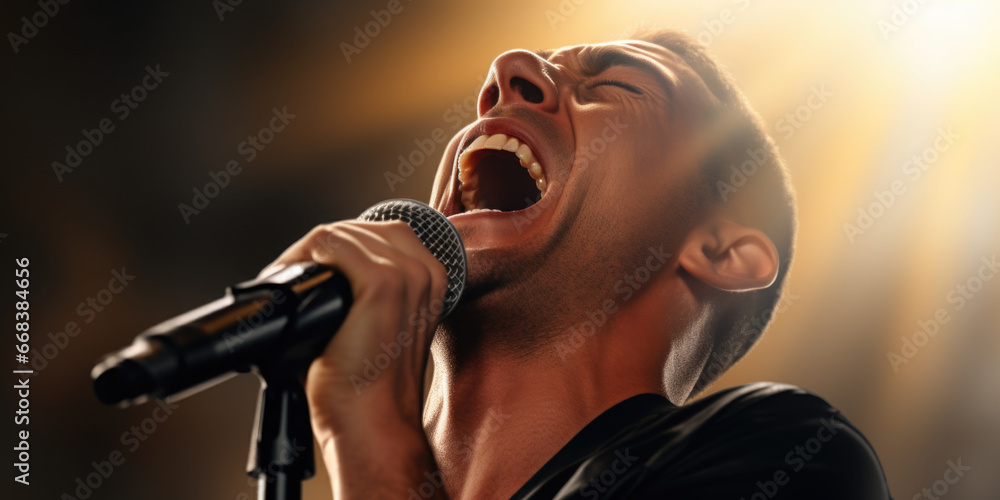 Aufkleber a man with his mouth open, singing into a microphone. this image can be used for music performances,