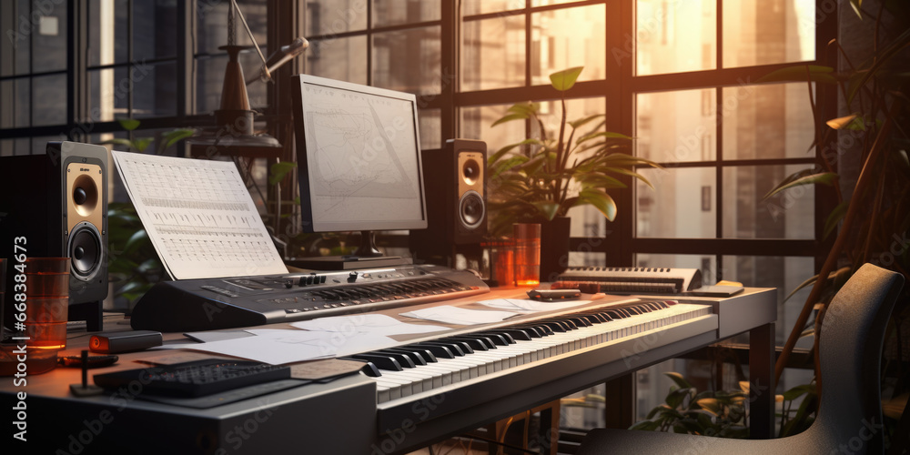 Poster A desk featuring a complete computer setup including a keyboard, monitor, speakers, and a mouse. Perfect for illustrating a modern workspace or technology-related concepts