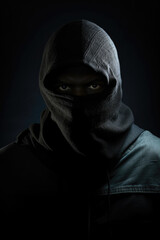 A person wearing a black hood and a hoodie. Can be used to depict mystery or anonymity