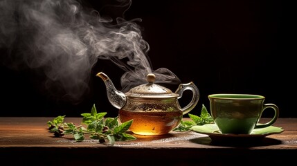 A teapot pouring fragrant tea into a cup, capturing the steam rising. - obrazy, fototapety, plakaty
