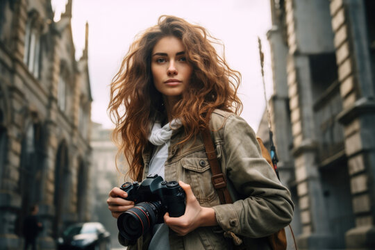 A woman is seen holding a camera on a busy city street. This image can be used to depict urban photography, travel, or a creative profession in a modern city